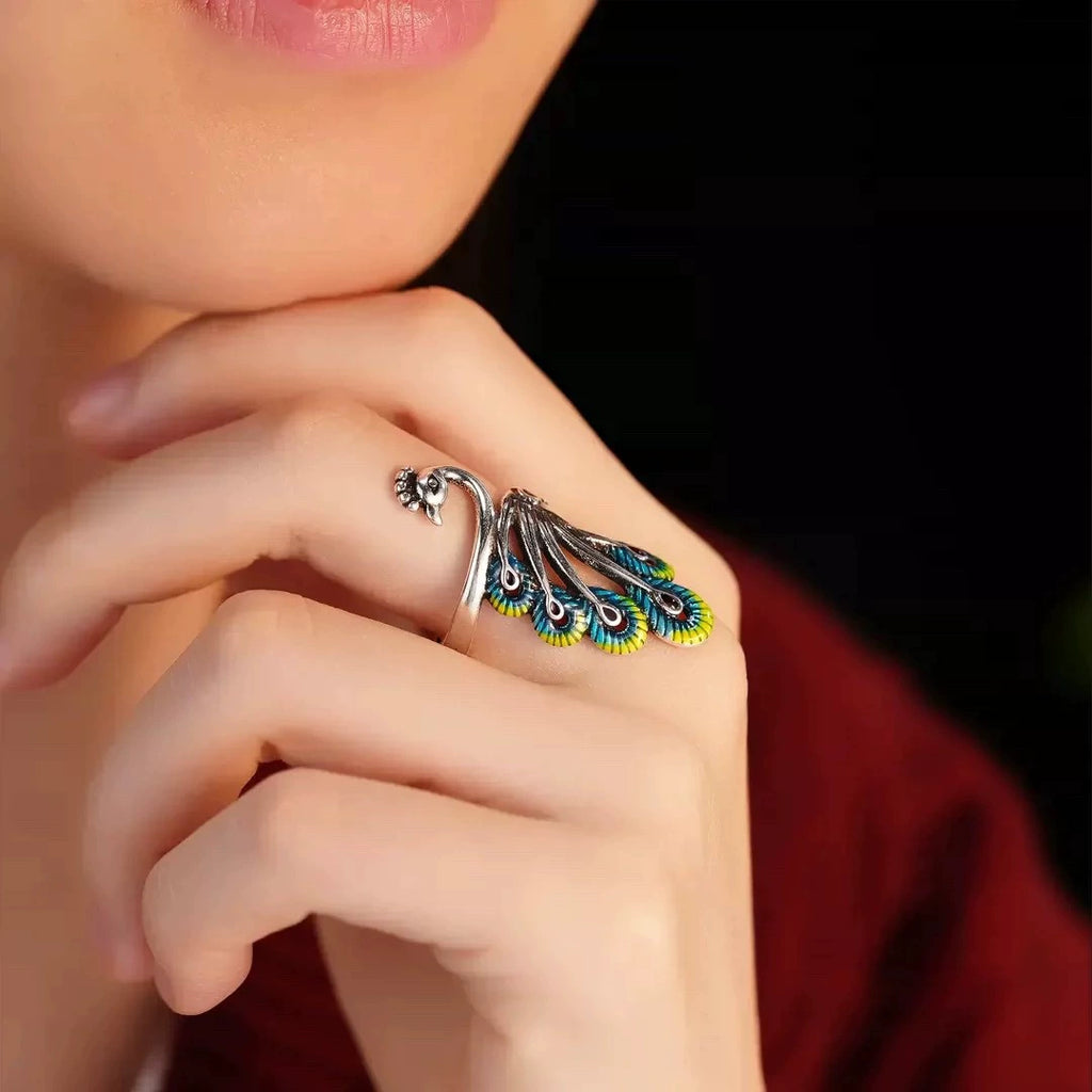 Vintage Enamel Peacock Open Adjustable Ring, Antique Silver Plated Statement Phoenix Finger Ring for Women