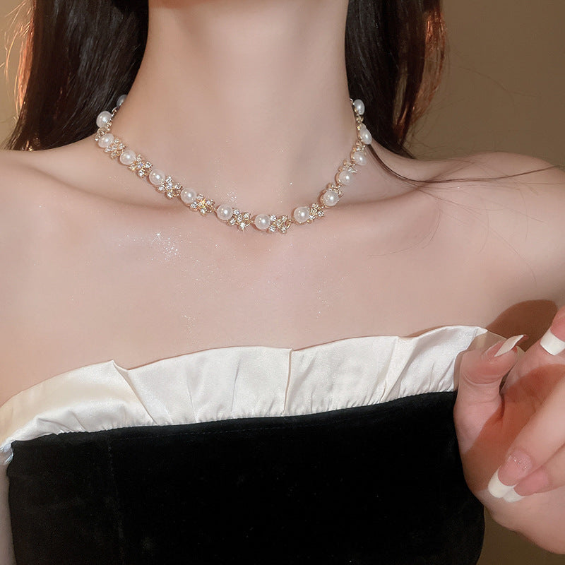 Gold Plated Alloy Pearl Rhinestone Jewelry Set, French Floral Crystal Round Pearl Necklace Bracelet Drop Earrings Matching Set For Women Wedding Party
