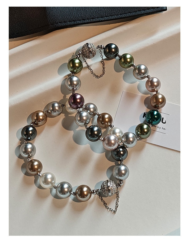 Multi-Color Tahitian Aurora Imitation Pearl Beaded Bracelet, Anti-Lost Magnetic Clasp Mixed Tone Glossy Pearl Stack Wrist Bracelet for Women Wedding Party Elegant Daily Jewelry