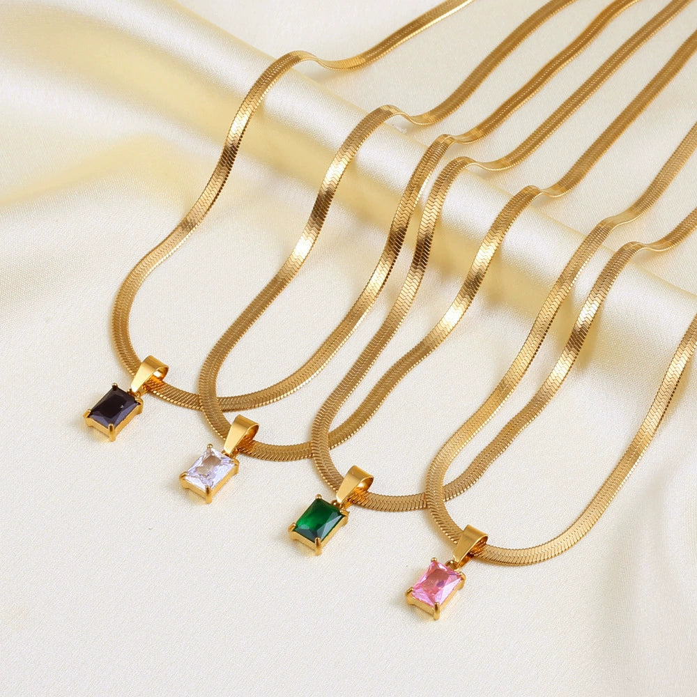 Square Color Zircon Pendant Herringbone Necklace, Gold Plated Stainless Steel Hypoallergenic Choker