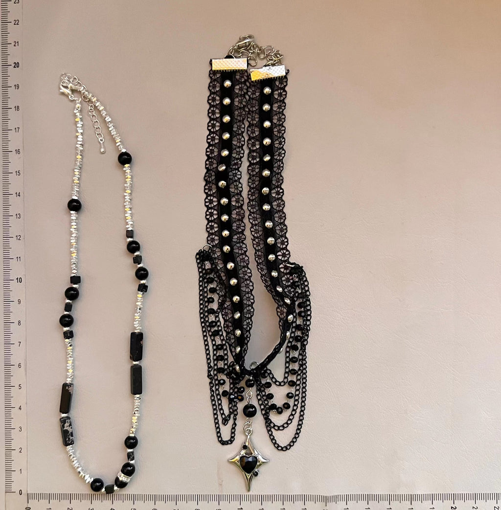 2Pcs Dark Gothic Black Lace Choker & Beaded Chain Necklace Set, Y2K Star Heart Pendant Layered Tassel Choker, Punk Alternative Grunge Jewelry for Women