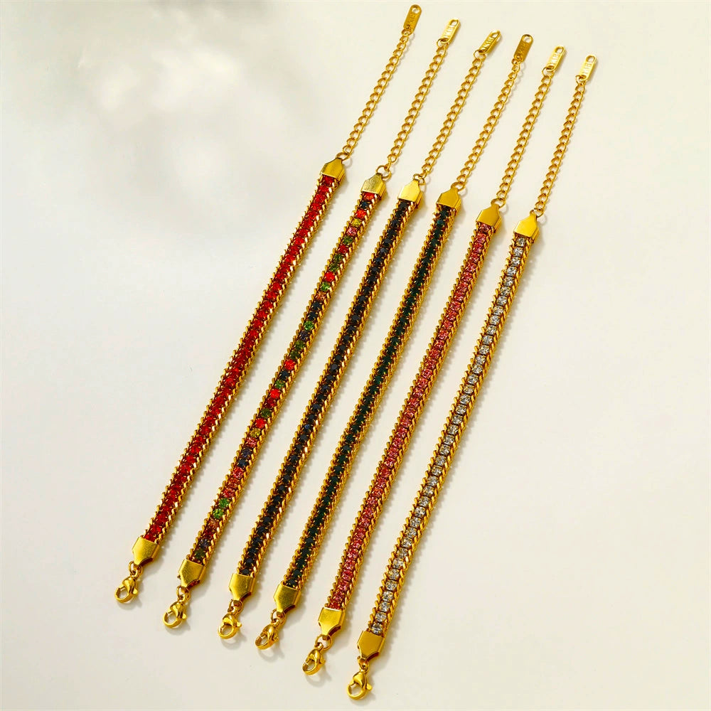 Gold Plated Cuban Link Color Zircon Bracelet, Stainless Steel Hypoallergenic Adjustable Trendy Bangle