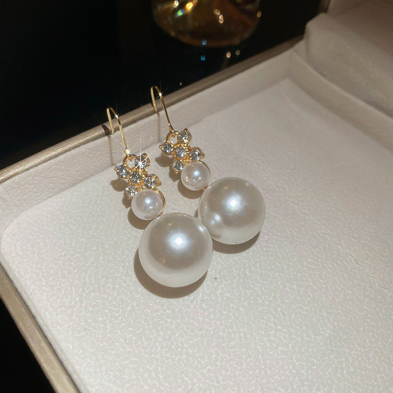 Gold Plated Alloy Pearl Rhinestone Jewelry Set, French Floral Crystal Round Pearl Necklace Bracelet Drop Earrings Matching Set For Women Wedding Party
