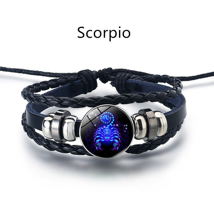12 Constellation Luminous Braided Leather Bracelet, Adjustable Zodiac Sign Glow In The Dark Wristband For Men Women