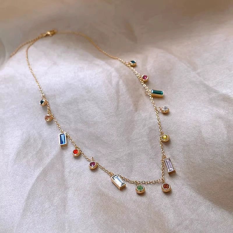 Colorful Zircon Drop Choker, Hypoallergenic Titanium Steel Dainty Geometric Pendant Necklace
