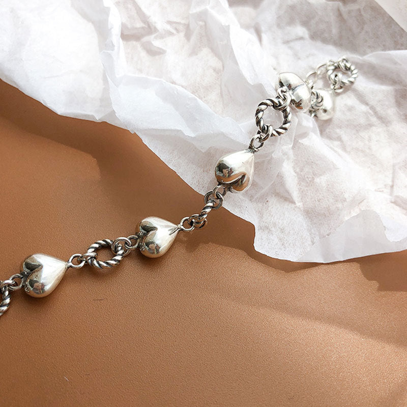 2 Styles S925 Sterling Silver Vintage Bracelet Set, Polished Heart Twisted Link Chain & Textured Coil Tassel Rectangular Paperclip Wrist Chain Adjustable Extension Jewelry for Women