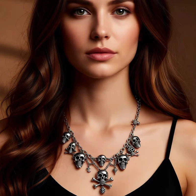 Vintage Gothic Skull Crossbones Jewelry Set, Pirate Skeleton Charm Statement Necklace & Dangle Earrings Halloween Punk Costume Jewelry For Women