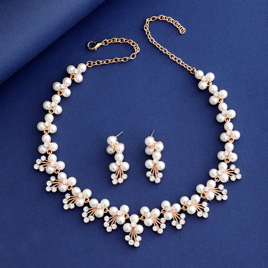 Conjunto de joyas de novia de perlas y circonitas cúbicas | Collar y pendientes colgantes, hipoalergénico oro/plata