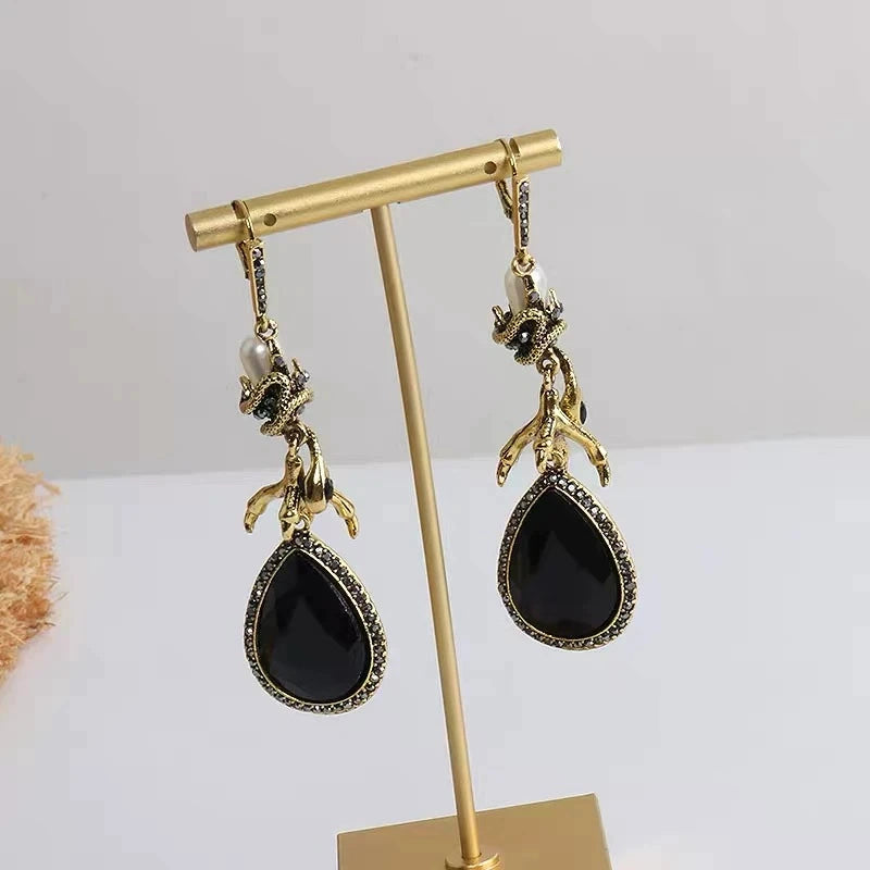 Gothic Retro Eagle Claw Black Onyx Teardrop Dangle Earrings Wrapped Snake & Faux Pearl Design Anti-Tarnish Stainless Steel Long Drop Party Earrings