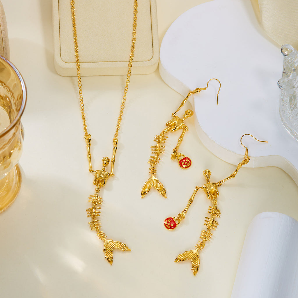 Halloween Golden Skeleton Mermaid Jewelry Set, Skull Mermaid Skeleton Necklace & Dangle Earrings, Pumpkin Smile Face Gothic Mermaid Bone Jewelry, Spooky Halloween Costume Accessory for Women