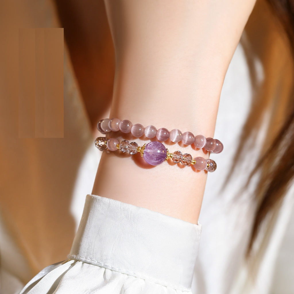 Double Layer Purple Cat’s Eye Beaded Stretch Bracelet, Natural Amethyst Focal Crystal Stackable Wrist Bracelet Dainty Feminine Jewelry for Women Daily Office Wear