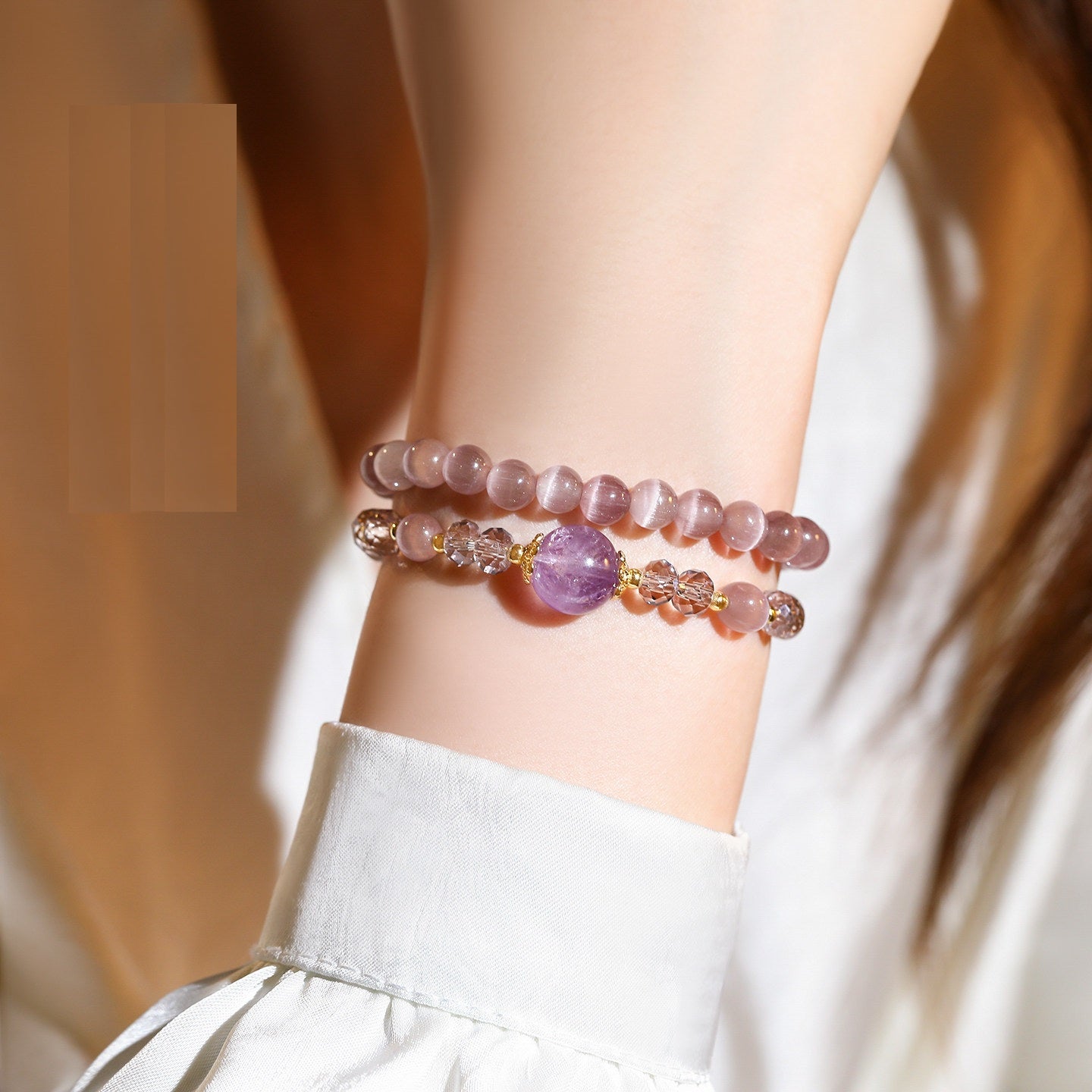 Double Layer Purple Cat’s Eye Beaded Stretch Bracelet, Natural Amethyst Focal Crystal Stackable Wrist Bracelet Dainty Feminine Jewelry for Women Daily Office Wear