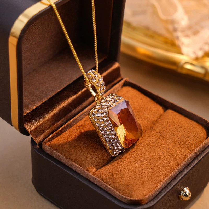 Mood Color Change Sunstone Sultanite Pendant Necklace Champagne Orange Rectangle Gem Micro Zircon Wrapped Gold Plated Dainty Snake Chain Elegant Ladies Gift Necklace