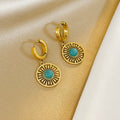 Vintage Sun Cutout Turquoise Hoop Earrings, Hypoallergenic Titanium Steel Boho Dangle Earring