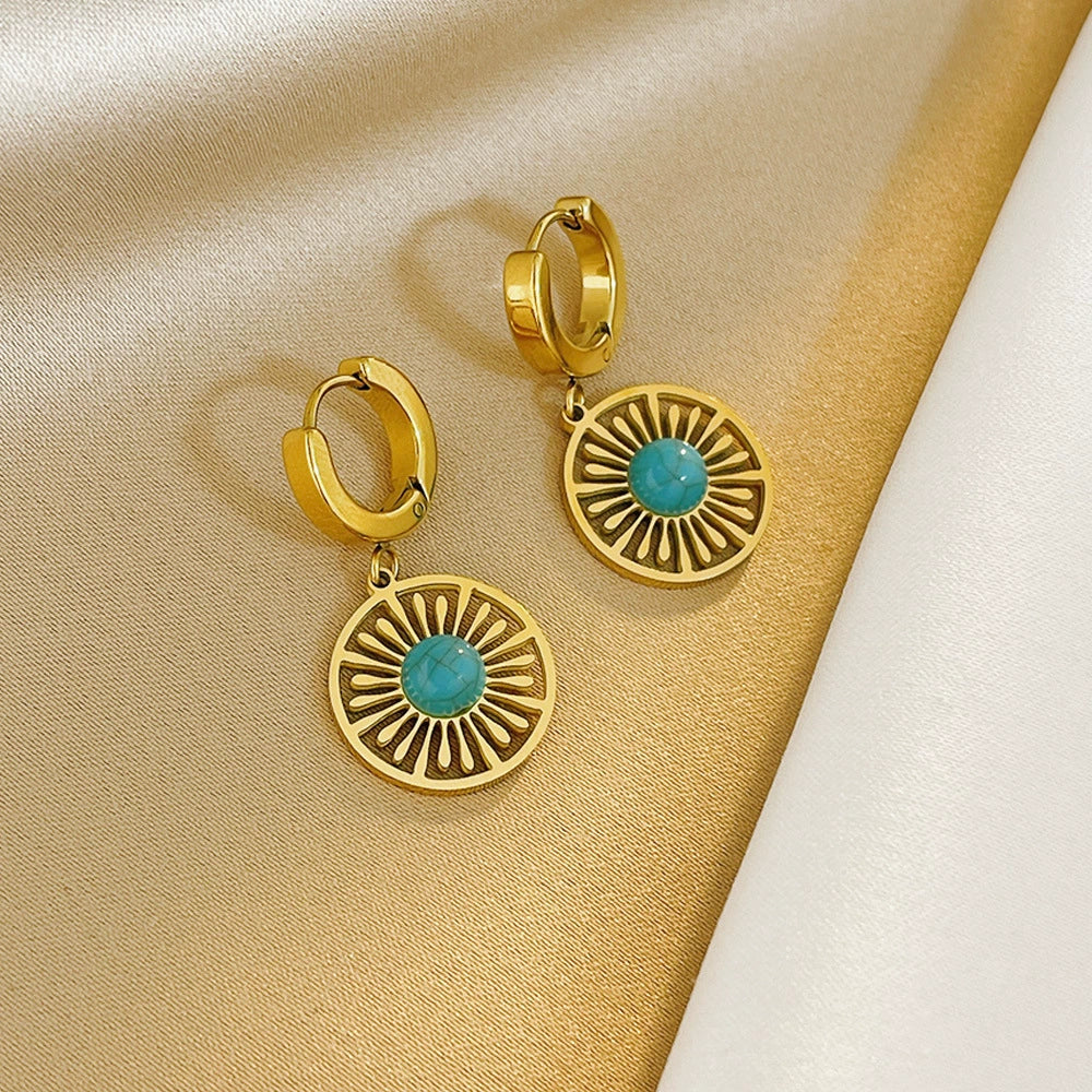 Vintage Sun Cutout Turquoise Hoop Earrings, Hypoallergenic Titanium Steel Boho Dangle Earring