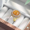 Vintage Large Oval Cabochon Gem Ring Sparkly Rhinestone Surround Open Adjustable Finger Ring Anti-Fade Gold Plated Party Jewelry Gift