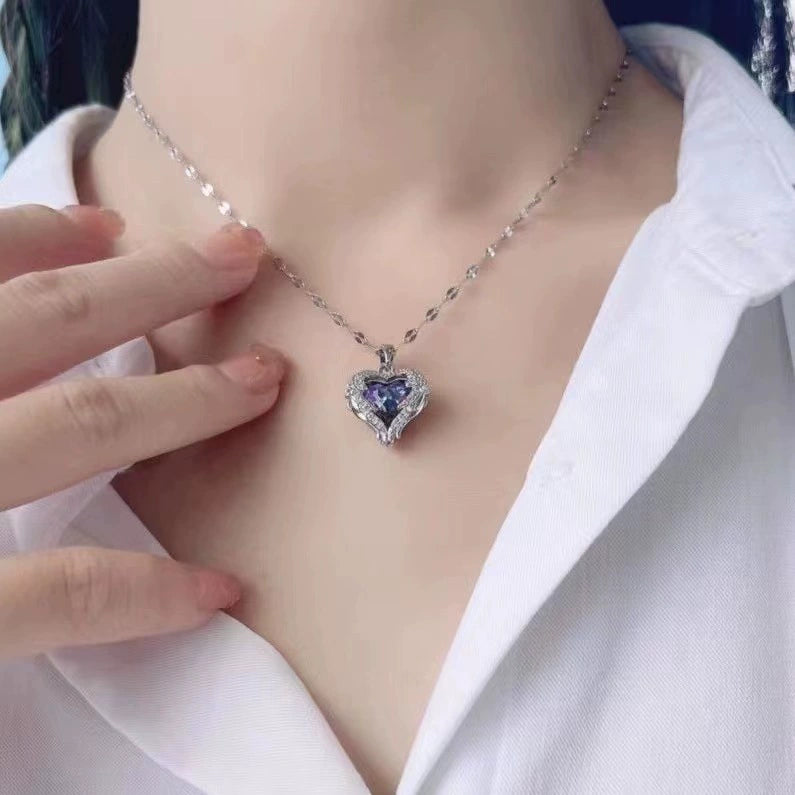 Stainless Steel Angel Wing Heart Crystal Pendant Necklace, 40+5cm Extendable Chain Two Tone