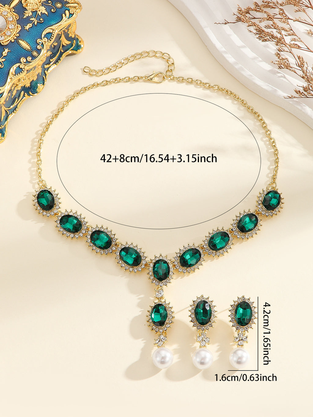 Vintage Emerald Green Crystal & Pearl Drop Necklace Earring Jewelry Set