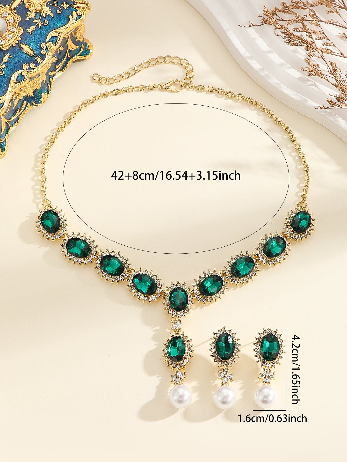 Vintage Emerald Green Crystal & Pearl Drop Necklace Earring Jewelry Set