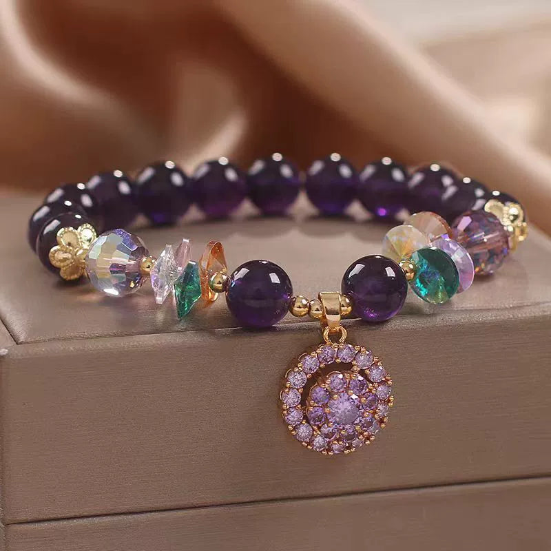Natural Amethyst Round Bead Bracelet, Vintage Teardrop Pave Crystal Charm Bracelet, Bohemian Forest Style Purple Crystal Stretch Beaded Bracelet for Women Gift