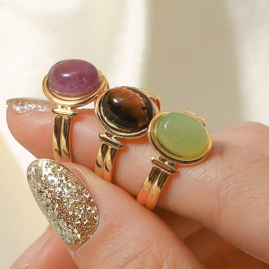 Vintage Natural Stone Stainless Steel Open Adjustable Ring, 18K Gold Plated Tarnish Resistant Gemstone Stackable Ring For Women