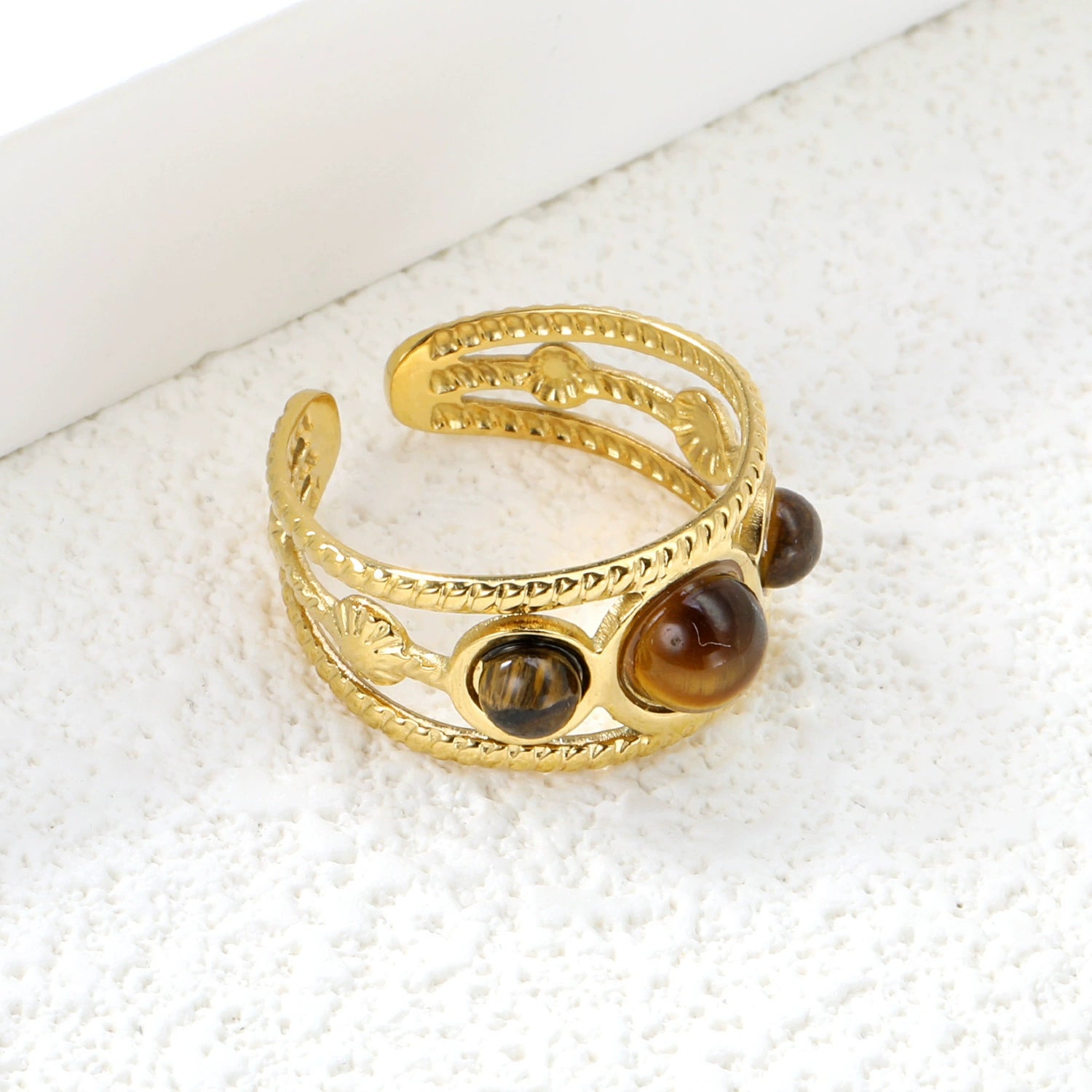 Tarnish Resistant Natural Tiger Eye Stone Open Adjustable Ring, 18K Gold Plated Stainless Steel Vintage Gemstone Stacking Ring For Women