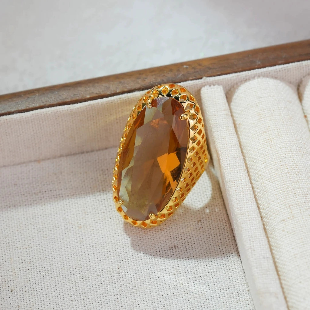 Vintage Hollow Honeycomb Mesh Oval Citrine Crystal Open Adjustable Ring Gold Plated Retro Antique Wide Band Statement Cocktail Ring For Women