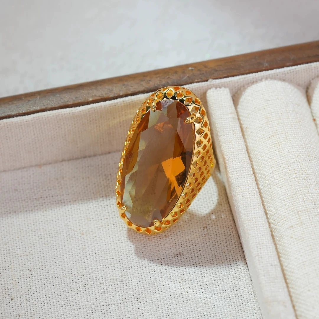 Vintage Hollow Honeycomb Mesh Oval Citrine Crystal Open Adjustable Ring Gold Plated Retro Antique Wide Band Statement Cocktail Ring For Women