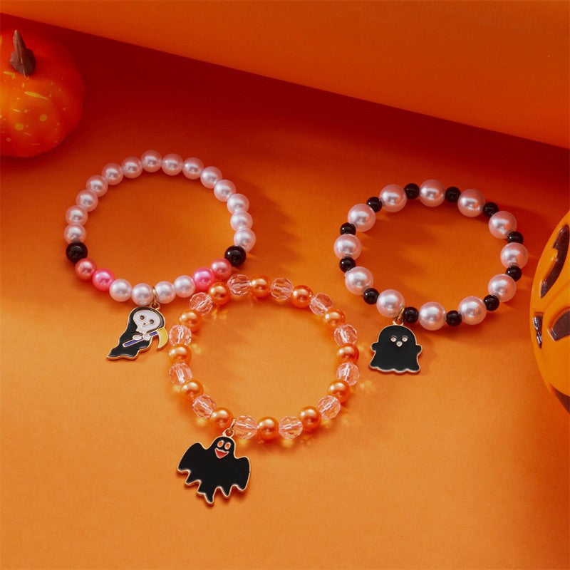 Halloween Cute Ghost Pumpkin Charm Beaded Bracelet Set, 3Pcs Stackable Enamel Charm Stretch Bracelets Witch Bat Mummy Jewelry For Women Kids Party