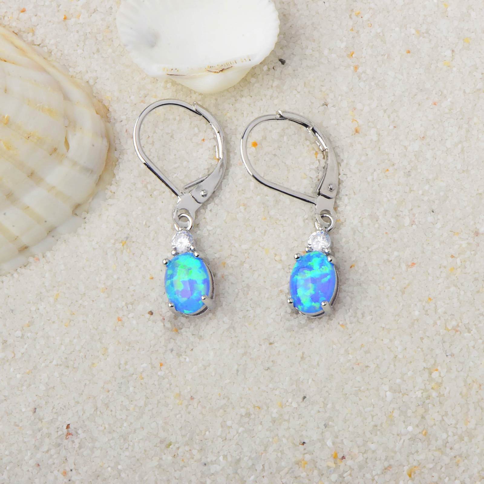 Oval Opal Leverback Drop Earrings, Silver & Rose Gold Plated