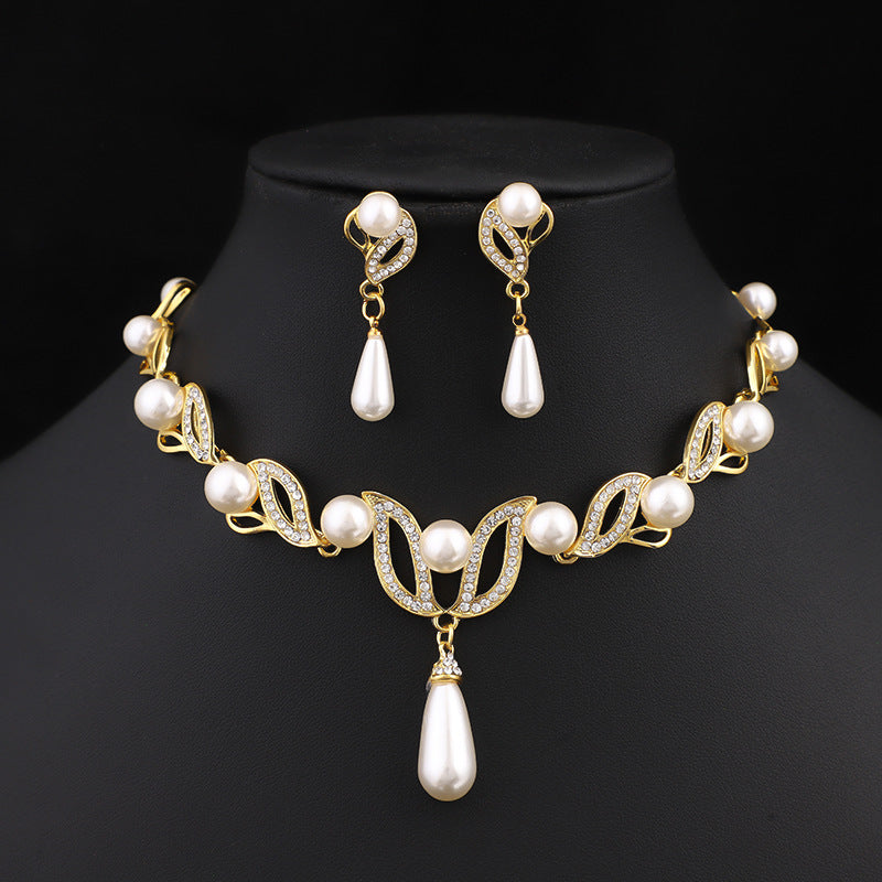 Teardrop Pearl Cubic Zirconia Jewelry Set, Gold Silver Plated Hollow Leaf Rhinestone Necklace Drop Earrings Hypoallergenic Women Wedding Bridal Formal Jewelry