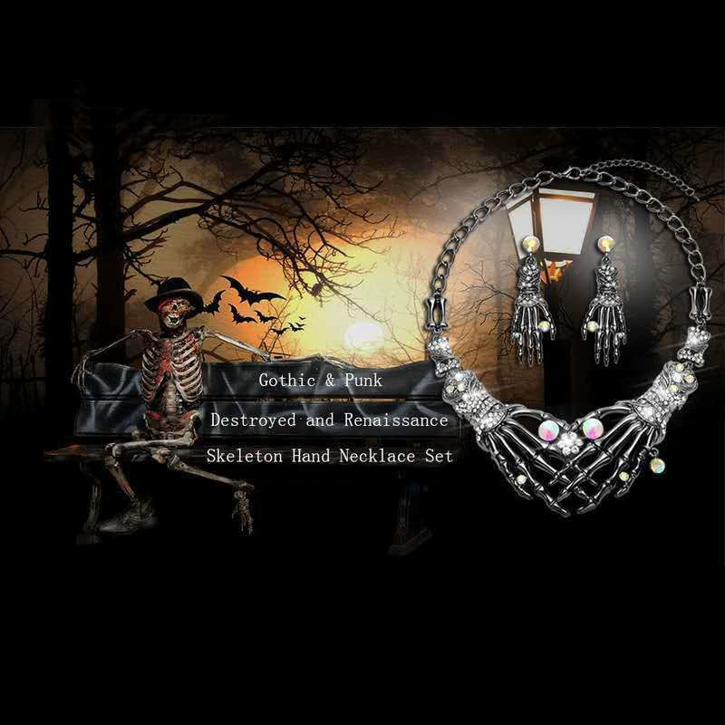 Halloween Gothic Rhinestone Skeleton Hand Jewelry Set, Interlaced Skull Bone Statement Necklace & Drop Earrings, Dark Punk Alloy Costume Accessories for Women