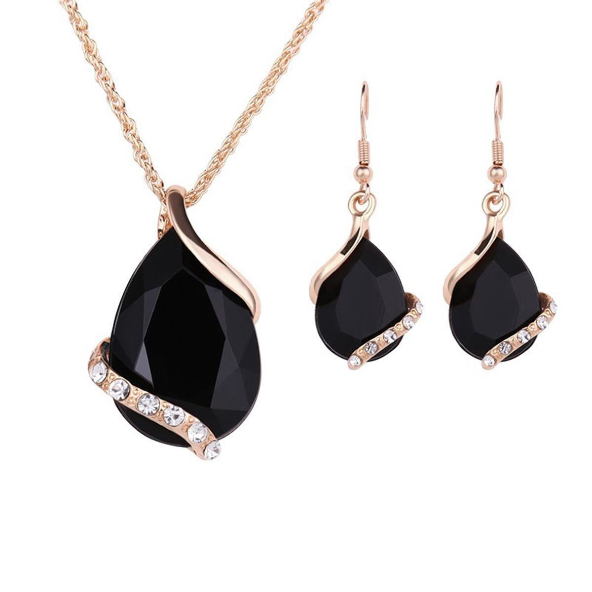 Teardrop Blue Crystal Pendant Necklace & Hook Earring Jewelry Set, Hypoallergenic Zinc Alloy