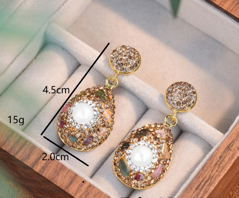 Hand Inlaid Baroque Pearl Tourmaline 3Pcs Jewelry Set Irregular Freshwater Pearl Long Sweater Chain Drop Earrings Statement Ring Gold Plated Vintage Women Gift