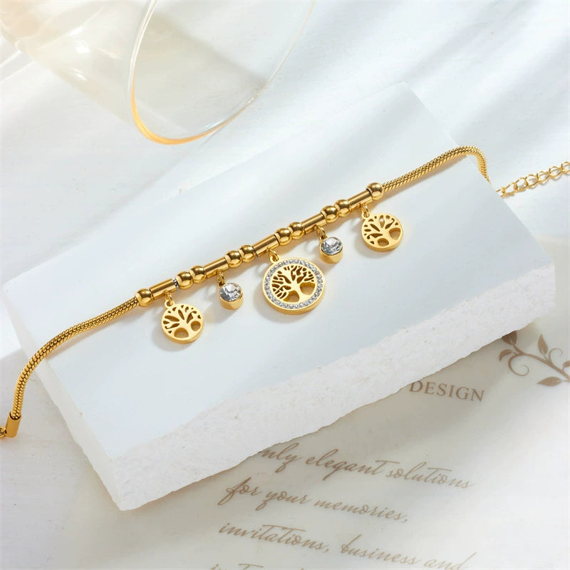 18K Gold Plated Stainless Steel Tree of Life Charm Bracelet, Tarnish Resistant Dainty Crystal Snake Chain Adjustable Bracelet For Women