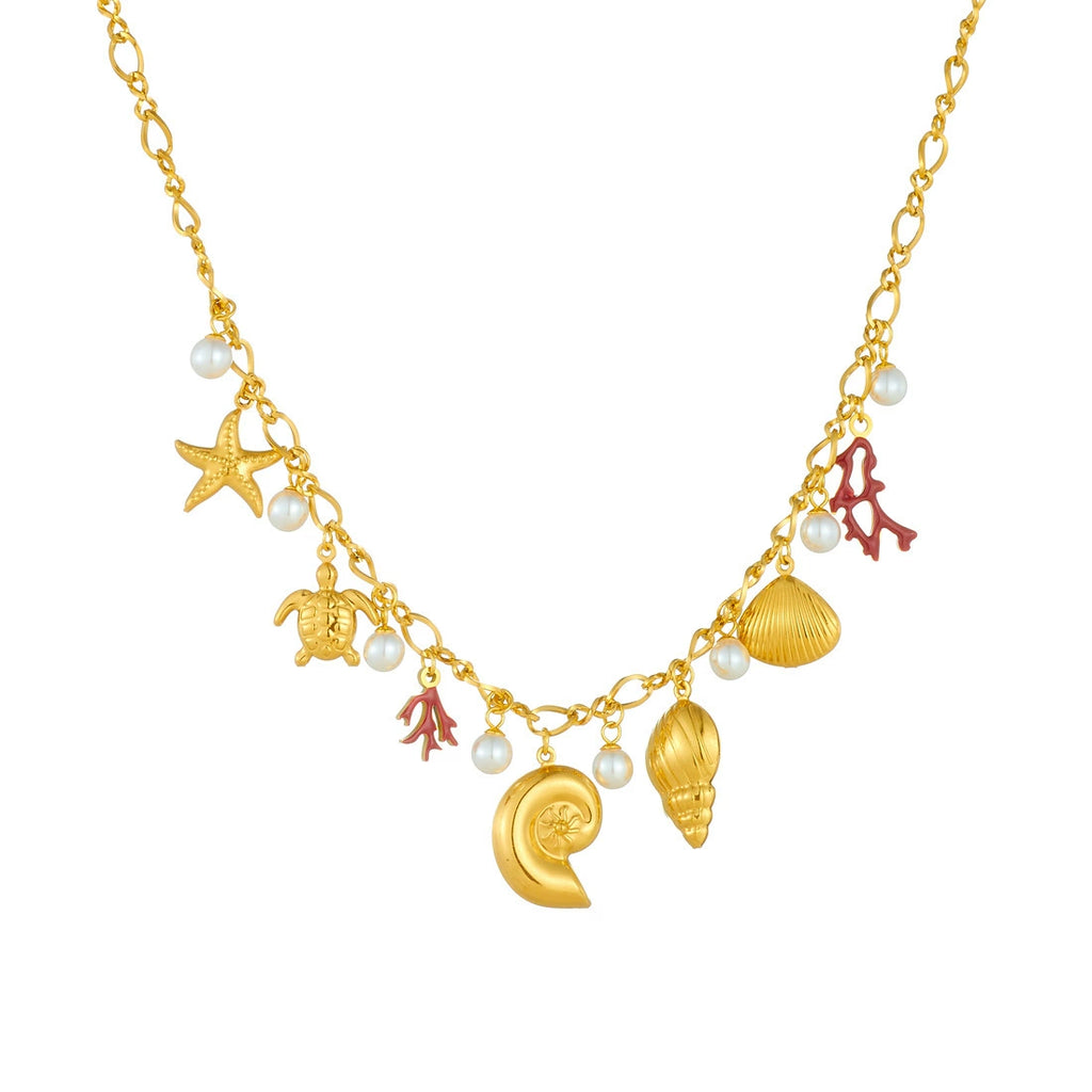 18K Gold Plated Stainless Steel Ocean Theme Charm Necklace, Adjustable Boho Sea Turtle Starfish Shell Pearl Pendant Necklace For Women