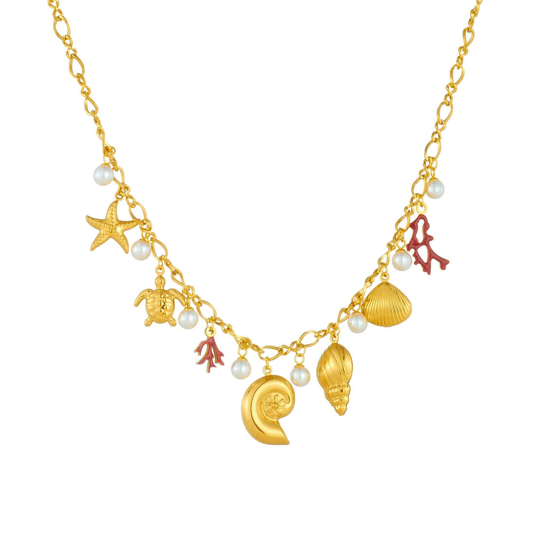18K Gold Plated Stainless Steel Ocean Theme Charm Necklace, Adjustable Boho Sea Turtle Starfish Shell Pearl Pendant Necklace For Women