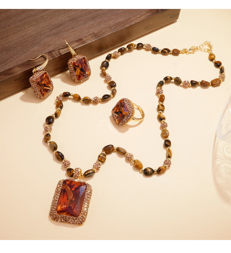 Vintage Orange Sultan Stone 3Pcs Jewelry Set Natural Tiger Eye Beaded Necklace Drop Earrings Cocktail Ring Gold Plated Retro Women