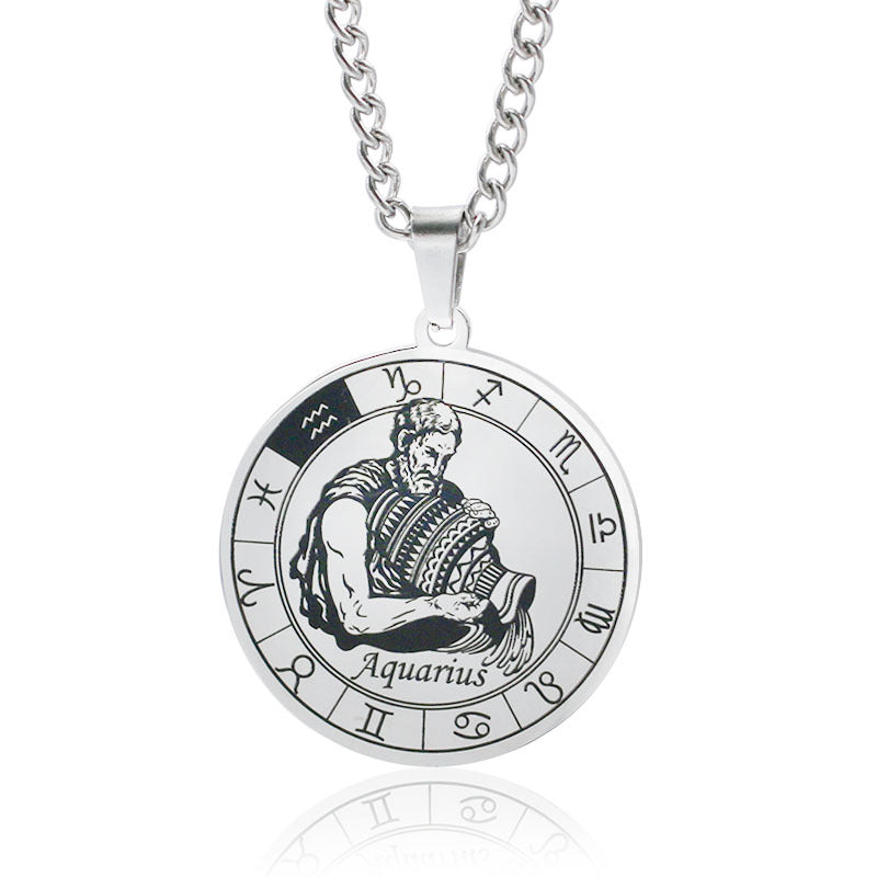 12 Zodiac Sign Stainless Steel Pendant Necklace Engraved Horoscope Coin 60cm Curb Chain Unisex Gift
