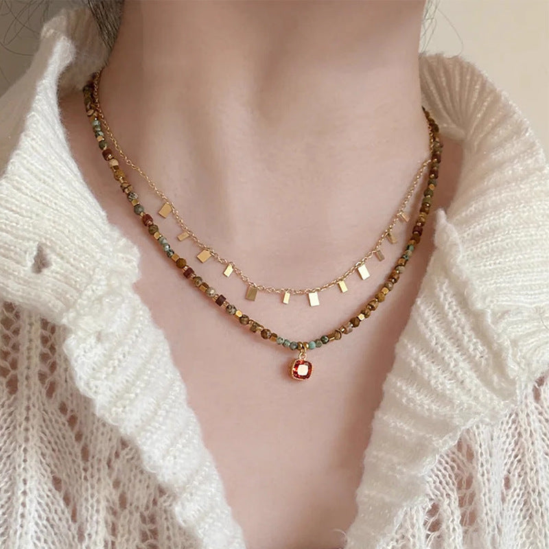 Boho Ethnic Two-Piece Layering Necklace Set, Dopamine Mixed Natural Stone Tiger Eye Beaded Choker with Red Square Cubic Zirconia Pendant & Dainty Tiny Gold Rectangle Tag Stack Chain for Women