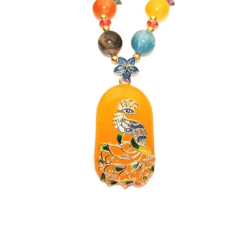 Elegant Big Peacock Pattern Honey Resin Pendant 80CM Multi-Tone Agate & Crystal Bead Long Necklace Anti-Tarnish Gold Plated Chinese Costume Gift Chain