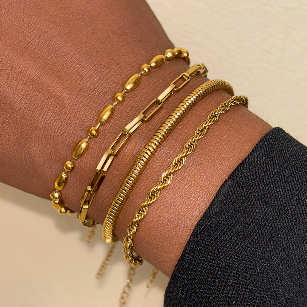 4-Layer Mixed Chain Bracelet, Hypoallergenic Titanium Steel Twist Snake Bead Stackable Bangle