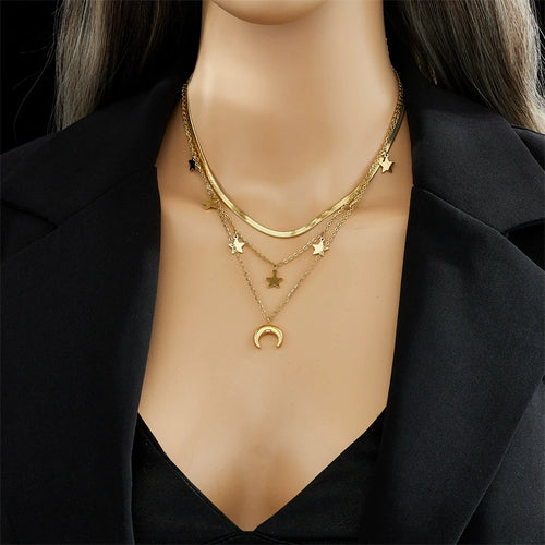18K Gold Plated Stainless Steel Multi Layer Star Moon Necklace, Tarnish Resistant Dainty Stackable Crescent Star Pendant Necklace For Women