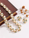 Gold Plated Imitation Pearl & Blue Crystal Jewelry Set, Anti-allergy Stud Earrings & Adjustable Necklace for Wedding Party
