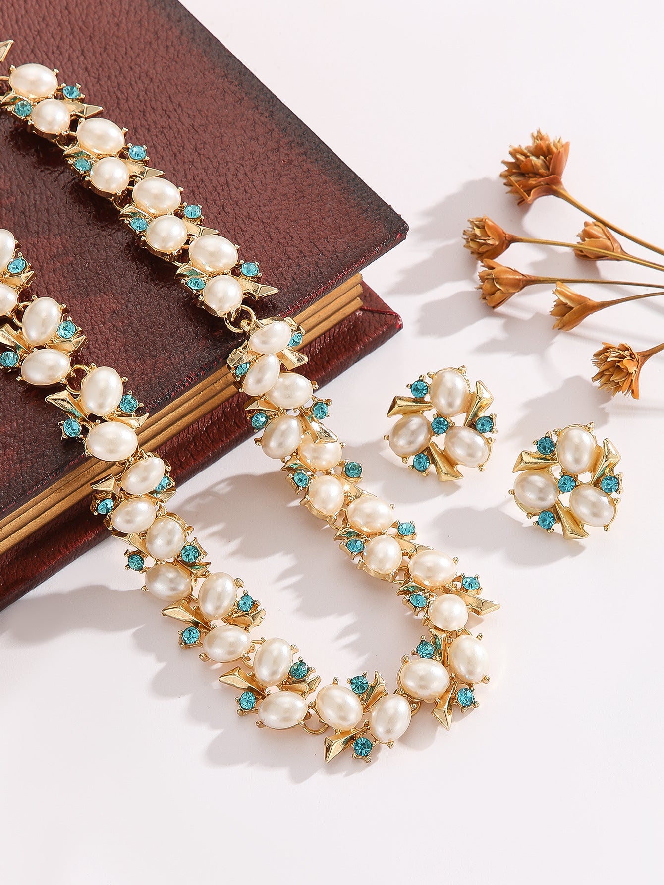 Gold Plated Imitation Pearl & Blue Crystal Jewelry Set, Anti-allergy Stud Earrings & Adjustable Necklace for Wedding Party