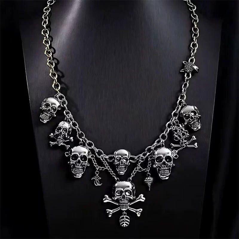 Vintage Gothic Skull Crossbones Jewelry Set, Pirate Skeleton Charm Statement Necklace & Dangle Earrings Halloween Punk Costume Jewelry For Women