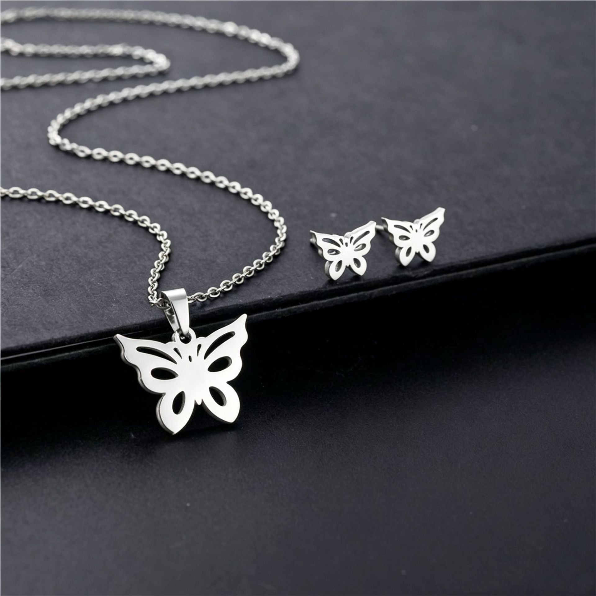 Stainless Steel Hollow Butterfly Jewelry Set Gold Silver Pendant Necklace Matching Stud Earrings Women Gift