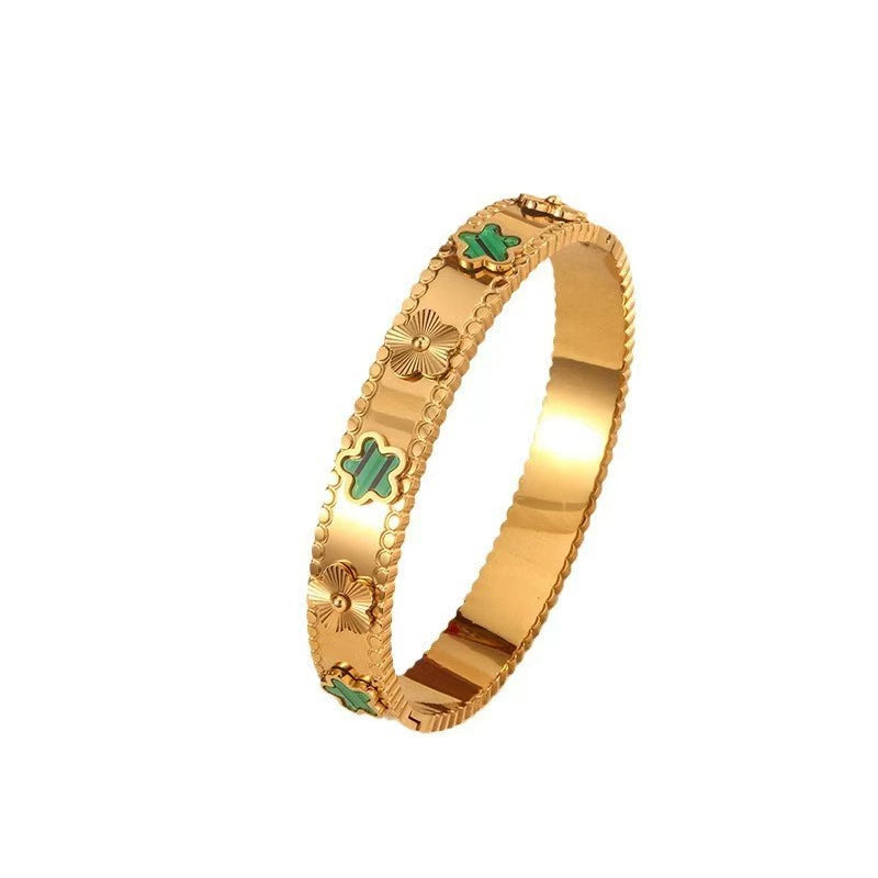 18K Gold Plated Stainless Steel Clover Bangle Bracelet, Tarnish Resistant Enamel Five Leaf Flower Hinged Bangle Stackable Jewelry For Women