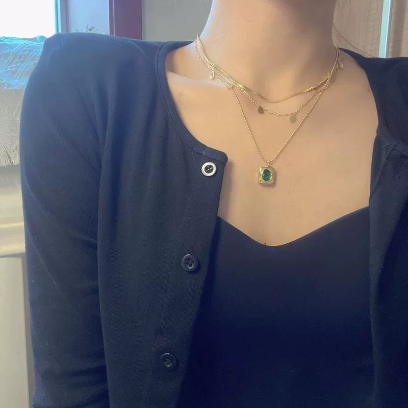 Double Layer Green Zircon Square Pendant Necklace, Hypoallergenic Snake Chain Layering Choker
