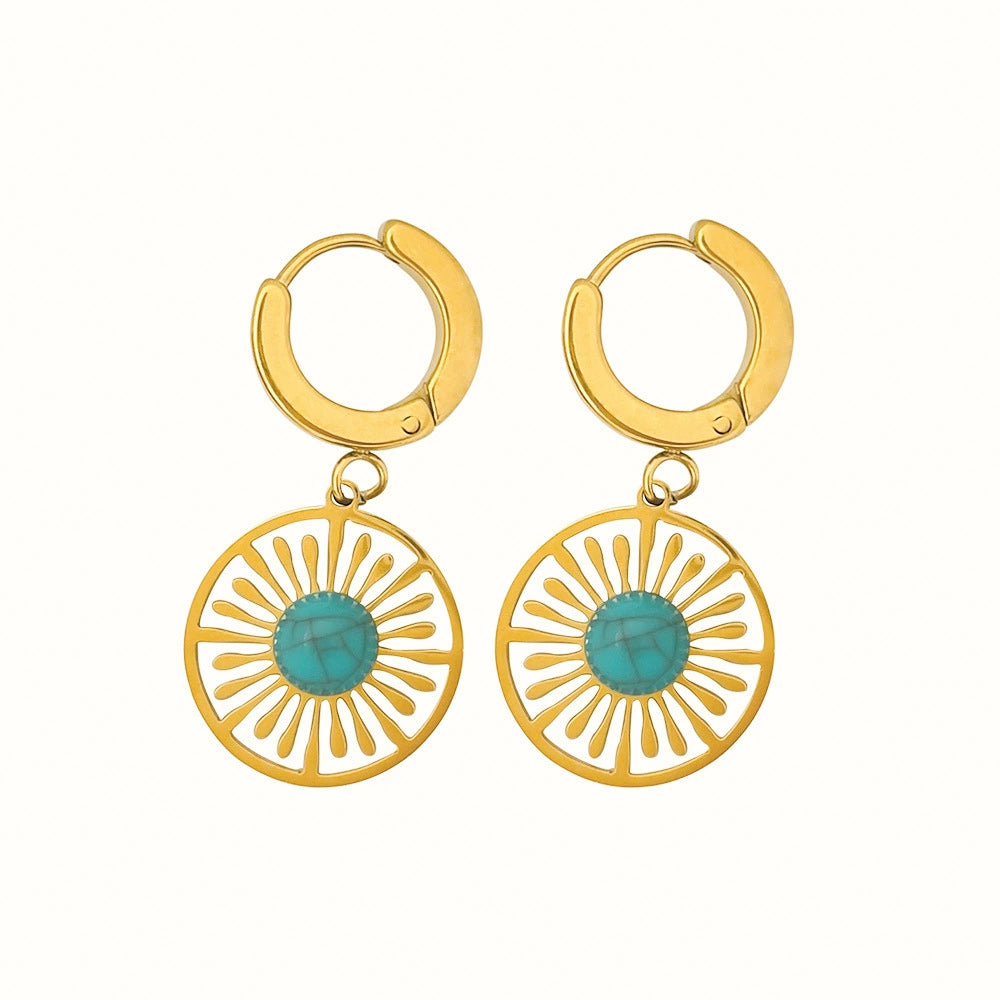 Vintage Sun Cutout Turquoise Hoop Earrings, Hypoallergenic Titanium Steel Boho Dangle Earring